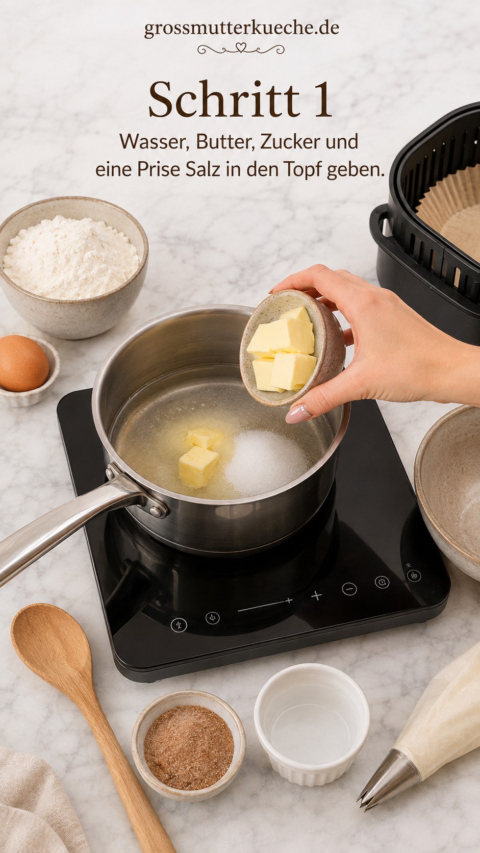 Wasser, Butter, Zucker und Salz im Topf für Air Fryer Churros mit Schokoladensauce