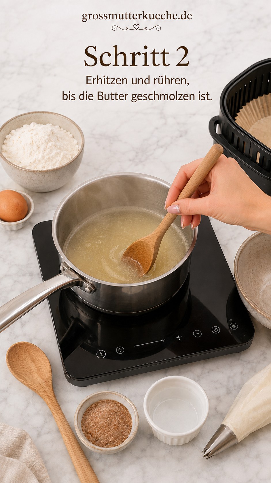 Butter schmilzt im Topf für den Brandteig der Air Fryer Churros mit Schokoladensauce