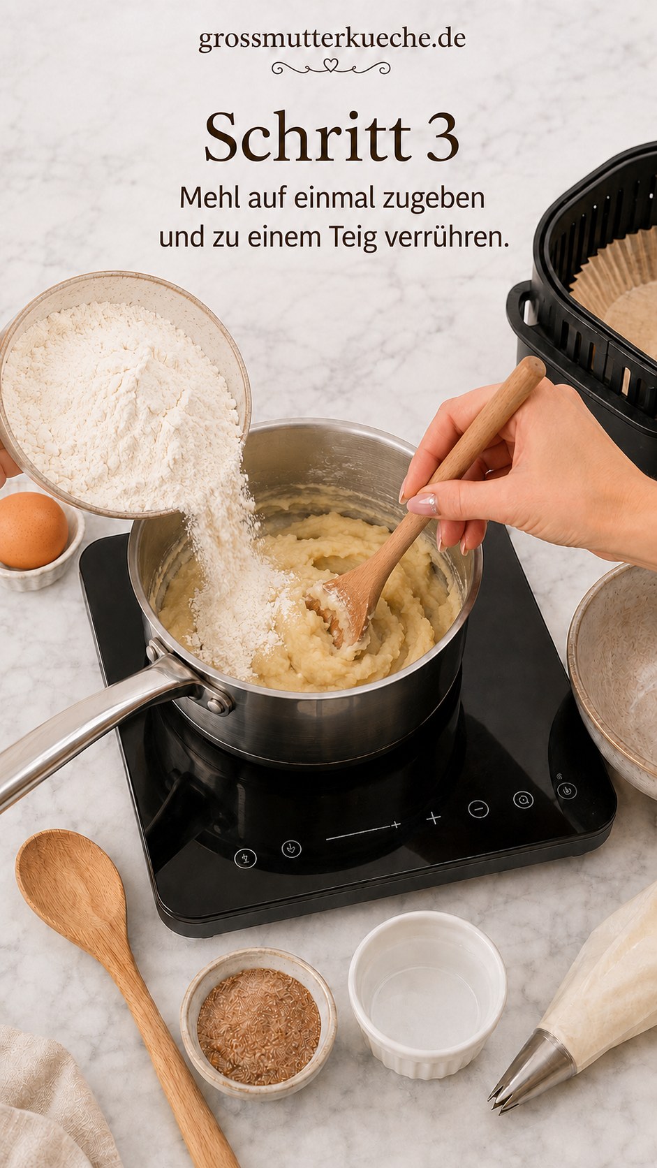 Mehl wird für Air Fryer Churros mit Schokoladensauce auf einmal in den Topf gegeben