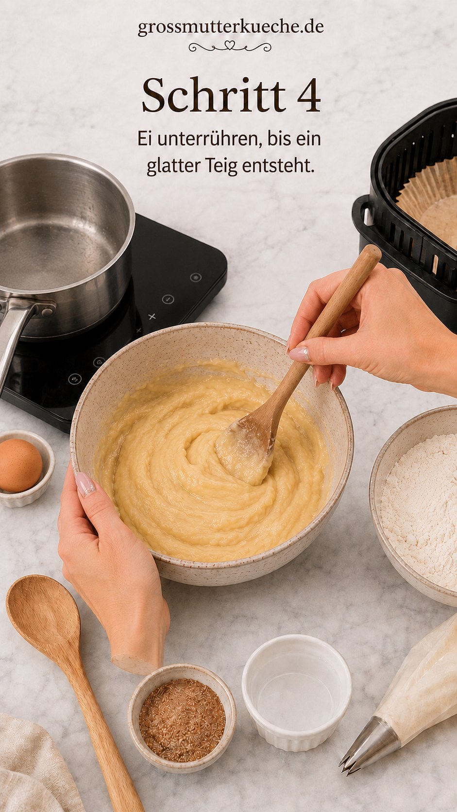 Ei wird für glatten Teig der Air Fryer Churros mit Schokoladensauce eingerührt