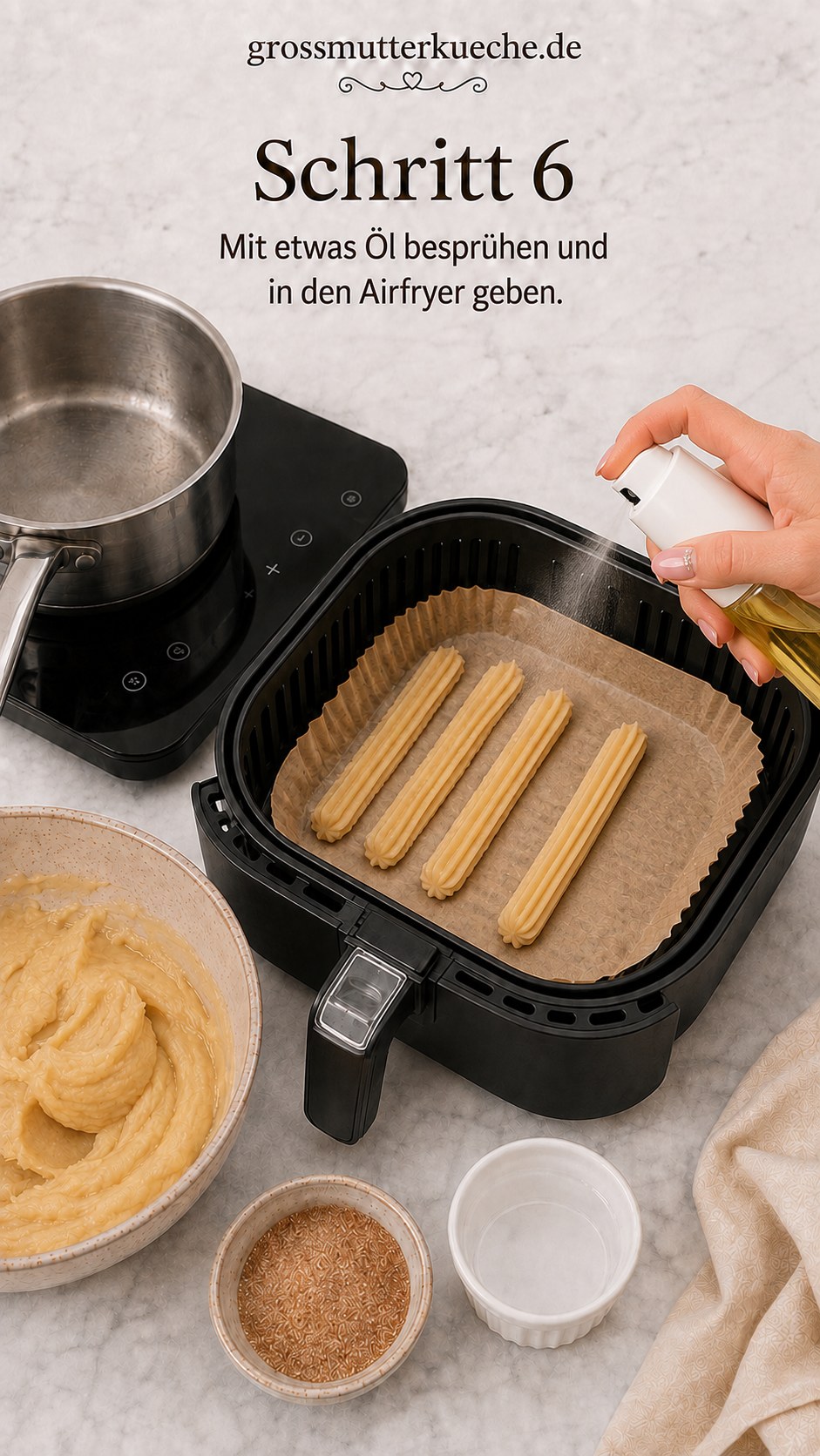 Rohe Churros werden vor dem Garen mit Öl besprüht für Air Fryer Churros mit Schokoladensauce
