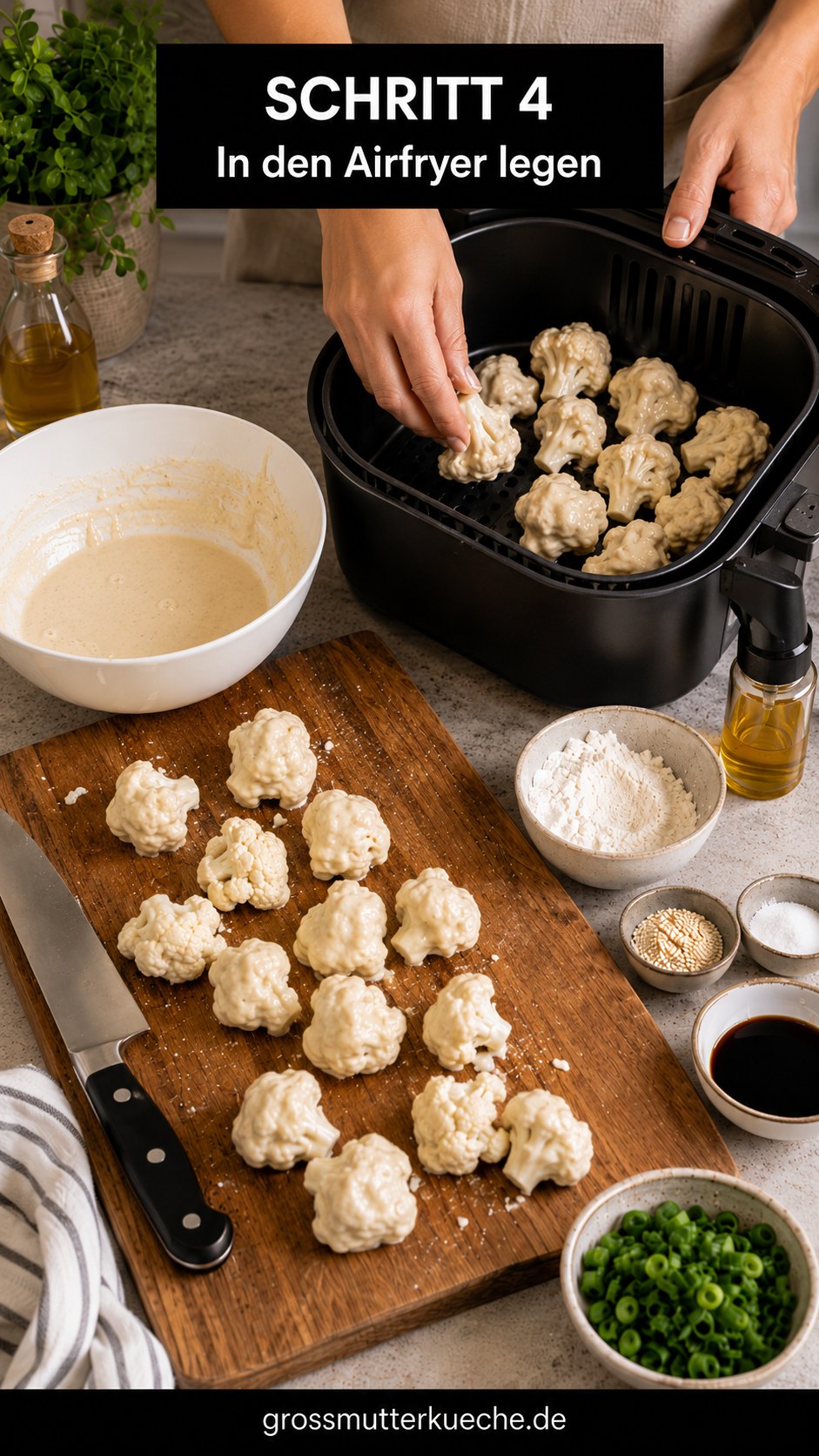 Panierte Röschen werden für die Air Fryer Sesame Cauliflower Wings in den heißen Airfryer-Korb gelegt.