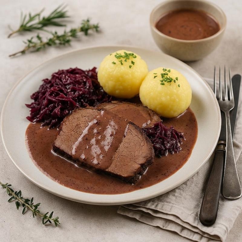 Braten mit Klößen und Rotkohl