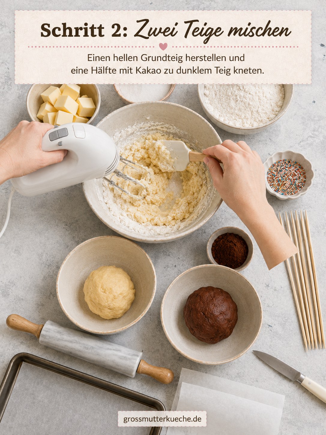 Zwei Teige für Biskuitschnecken am Stiel werden mit dem Handrührgerät zu hellem und dunklem Teig verarbeitet