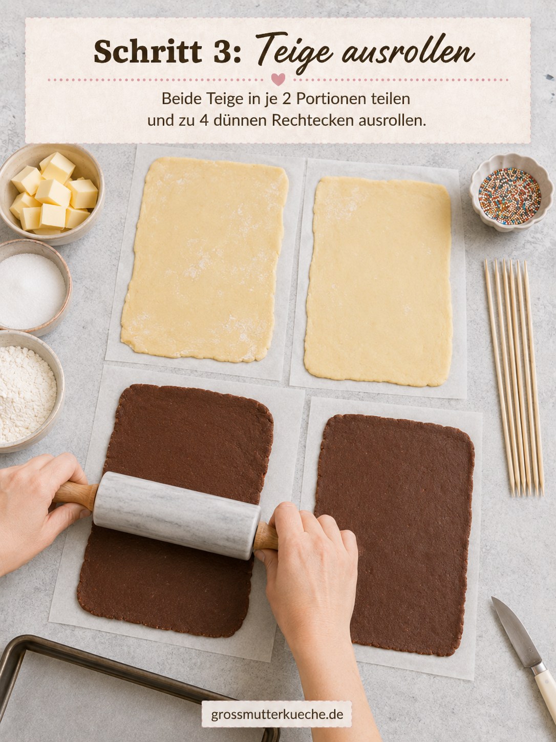 Heller und dunkler Teig für Biskuitschnecken am Stiel zu dünnen Rechtecken ausgerollt auf Backpapier