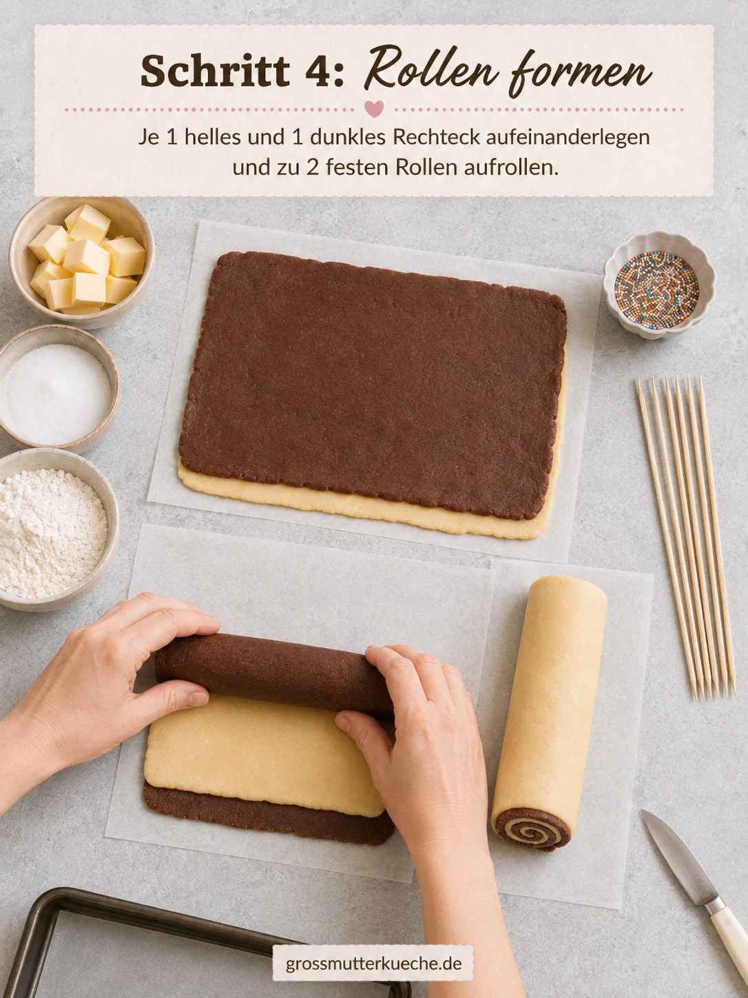 Helle und dunkle Teigschichten werden für Biskuitschnecken am Stiel zu zwei festen Rollen aufgerollt