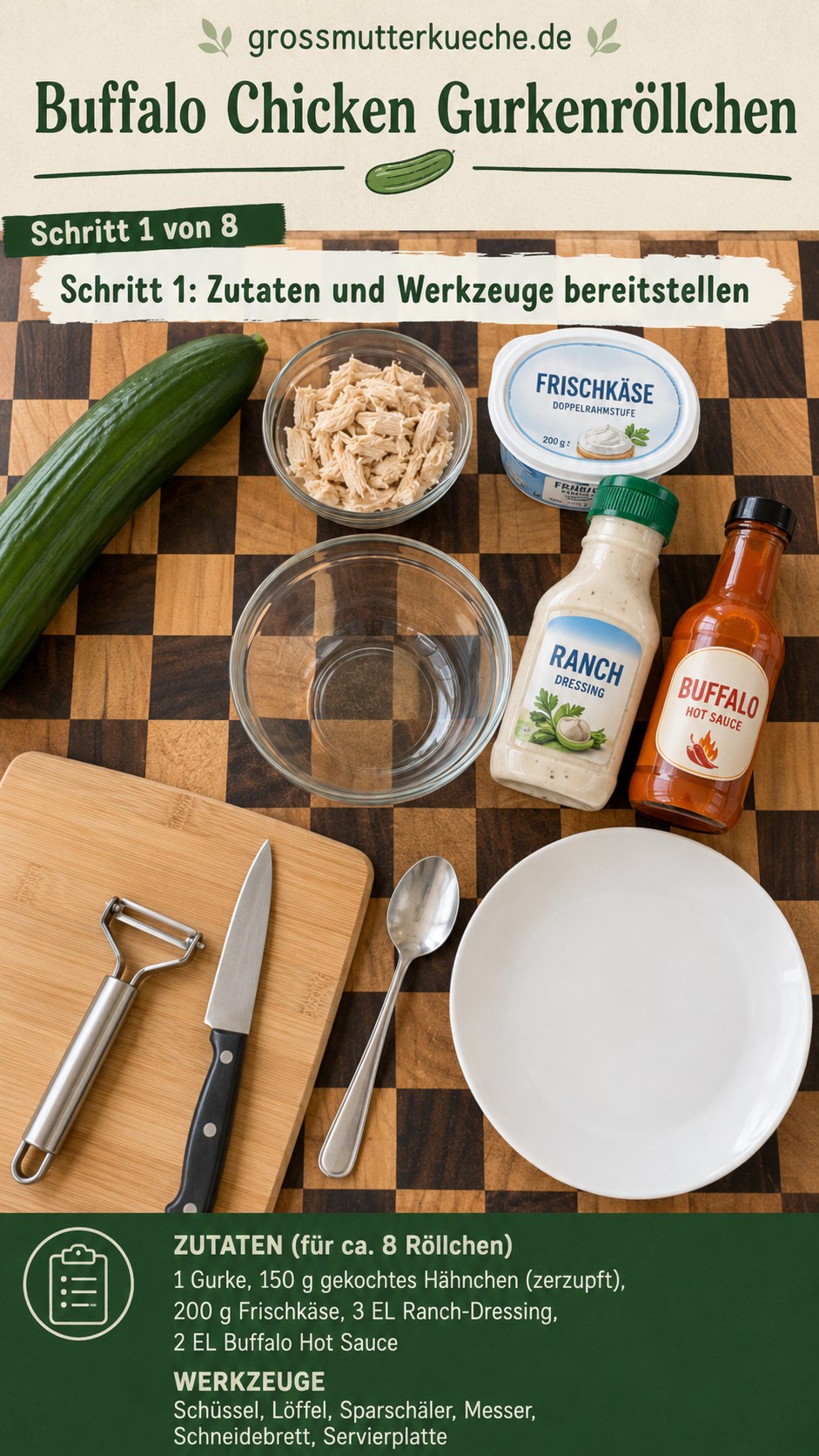 Zutaten für Buffalo Chicken Gurkenröllchen mit Frischkäse, Hähnchen und Buffalo Sauce auf dem Brett
