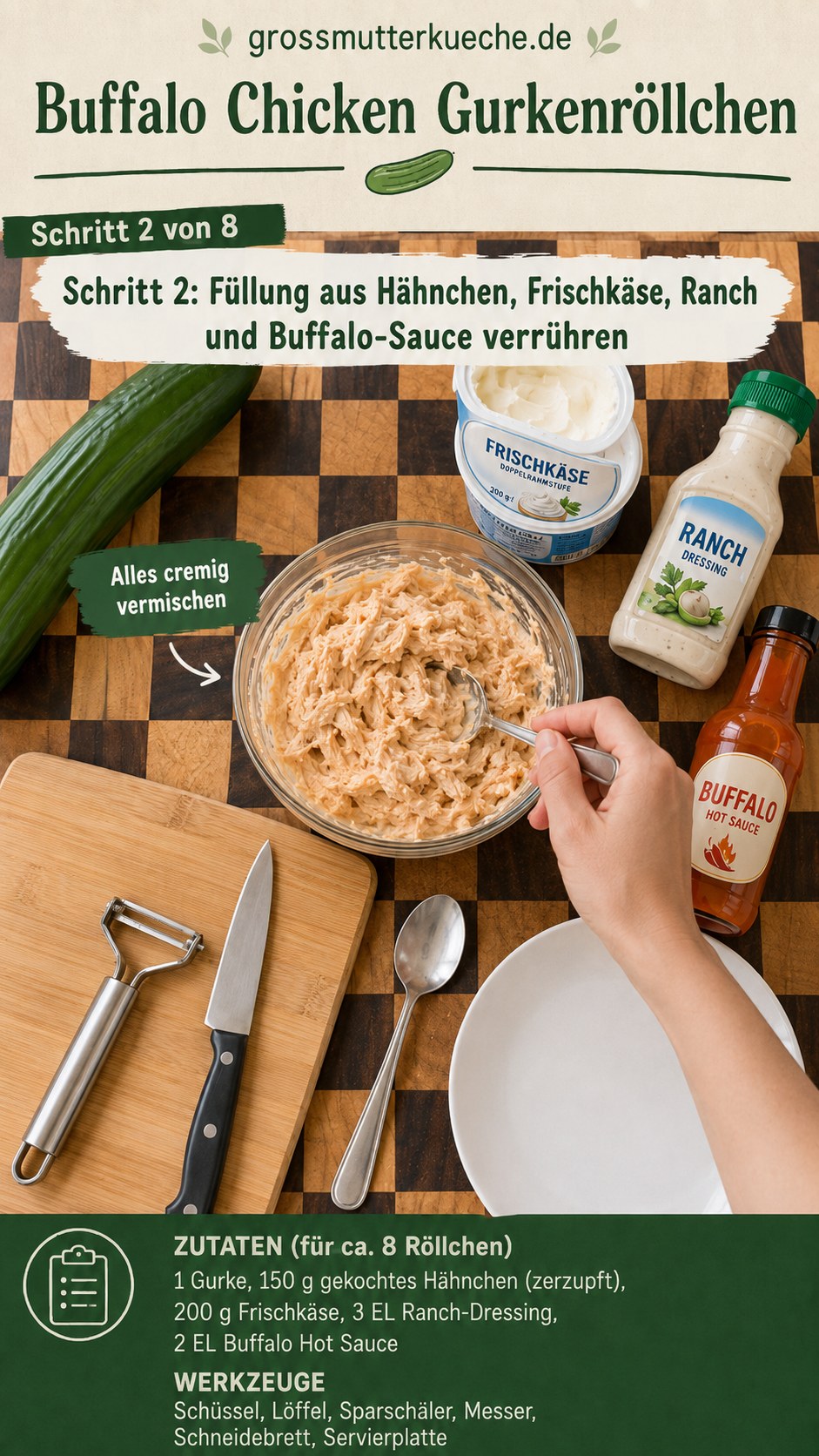Cremige Füllung für Buffalo Chicken Gurkenröllchen wird in der Schüssel mit dem Löffel verrührt