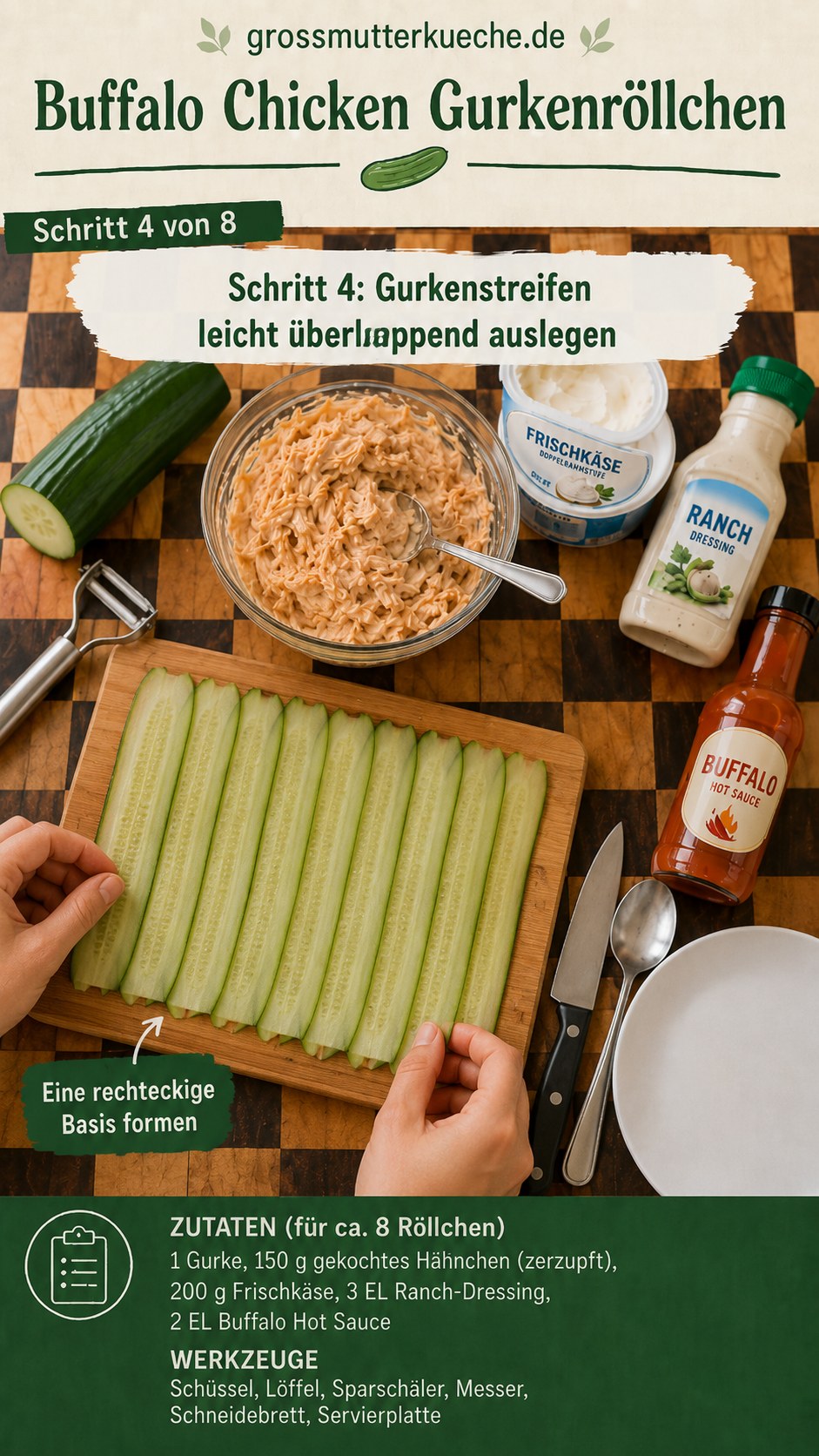 Gurkenstreifen liegen überlappend als rechteckige Basis für die Buffalo Chicken Gurkenröllchen bereit