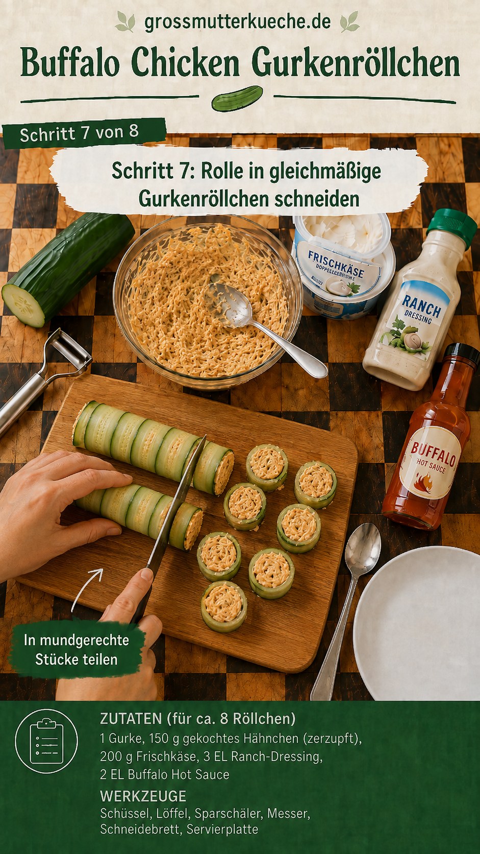 Fertige Gurkenrolle wird in gleichmäßige Buffalo Chicken Gurkenröllchen geschnitten