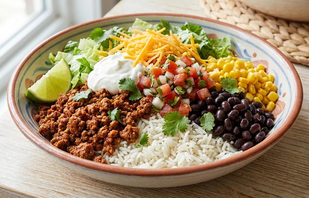 Burrito-Bowl mit Rinderhack und schwarzen Bohnen
