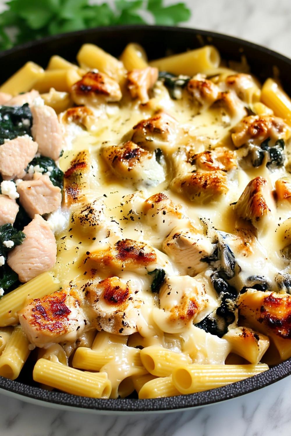 Cremige Hähnchen-Spinat Penne
