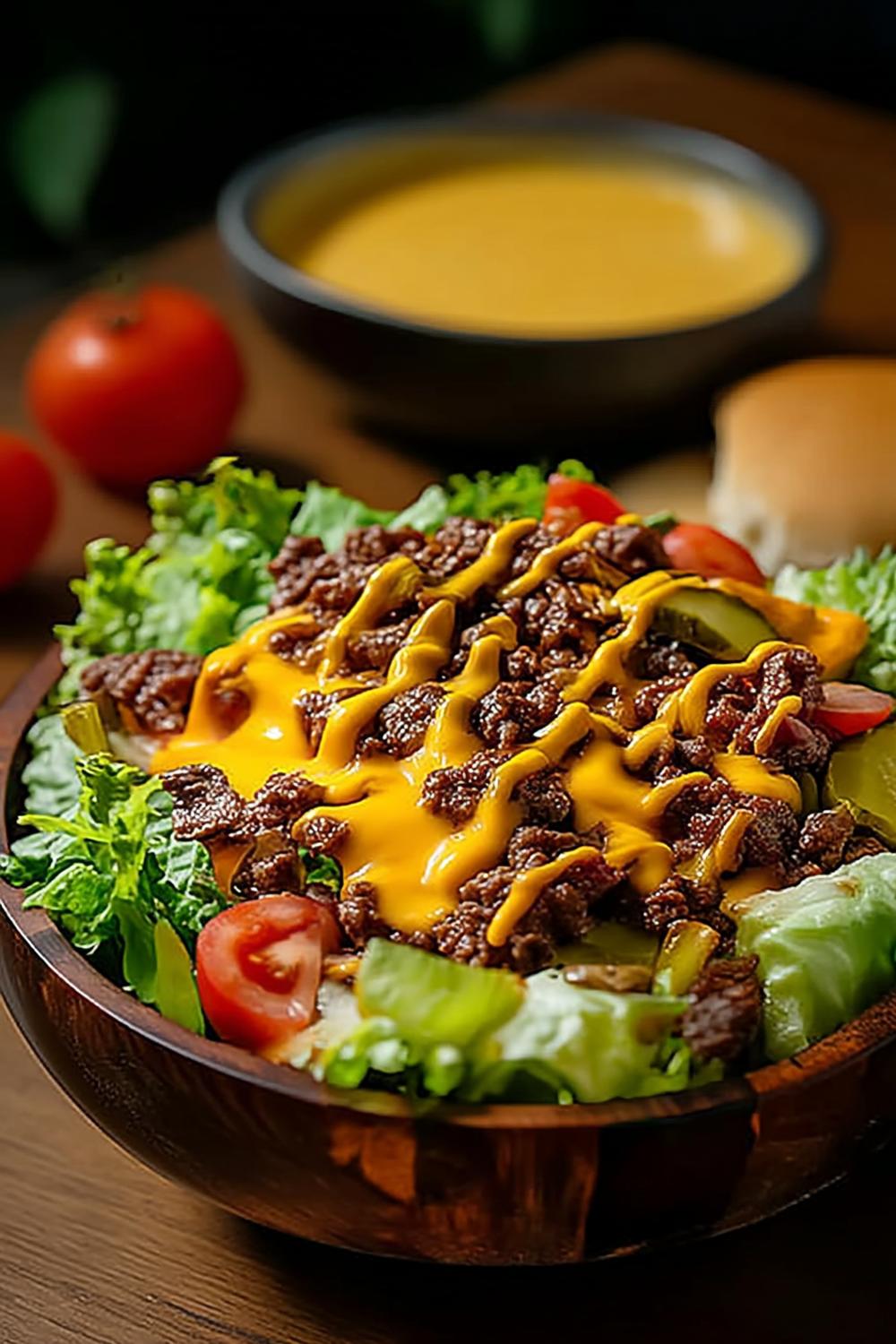 Käsesauce über Fleisch und Salat