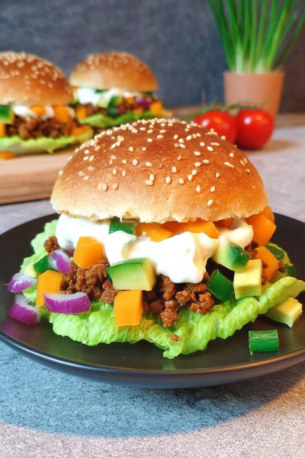 Sesam-Burger mit Gemüsefüllung
