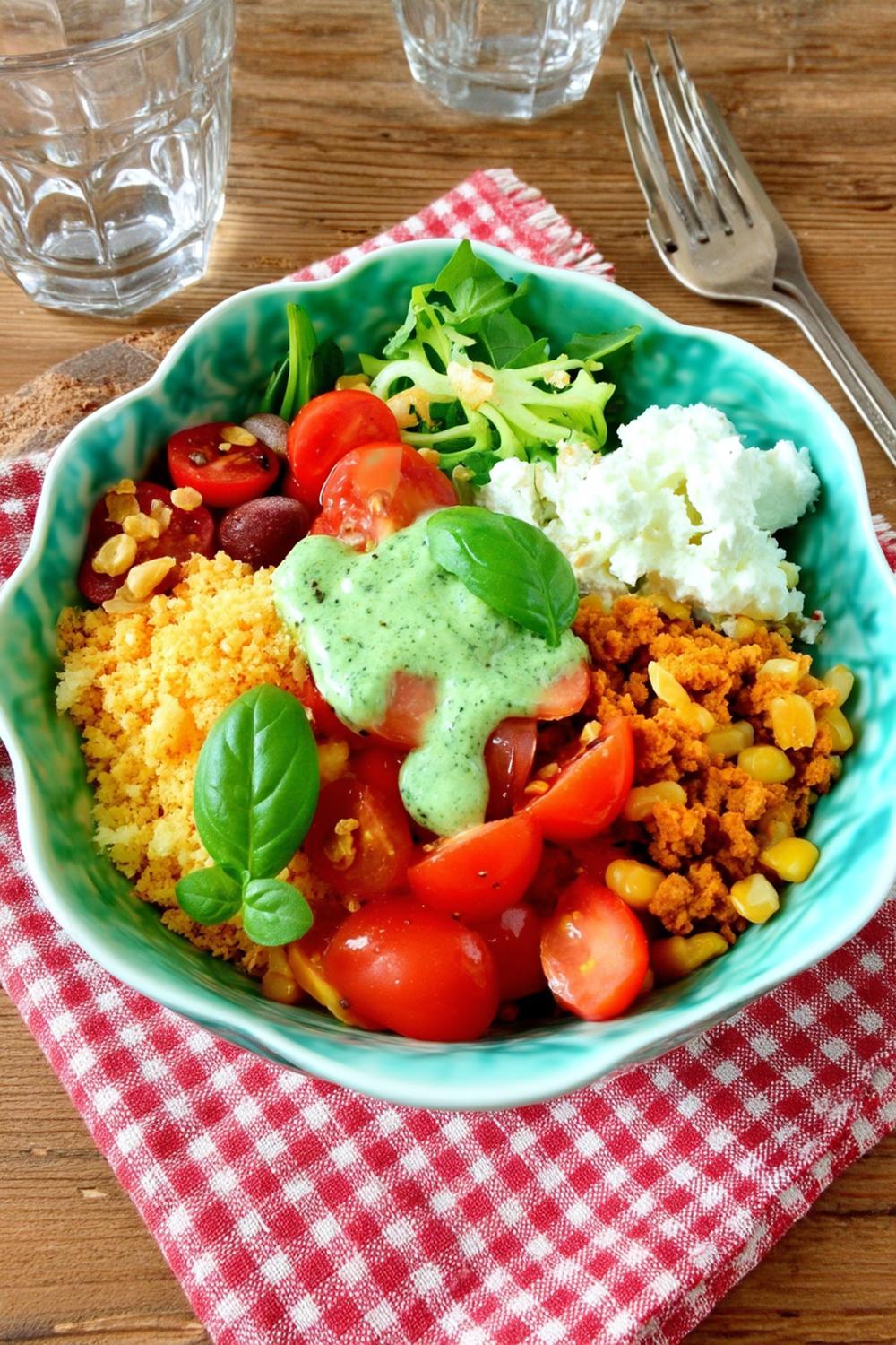 Vegetarische Bowl mit grüner Sauce