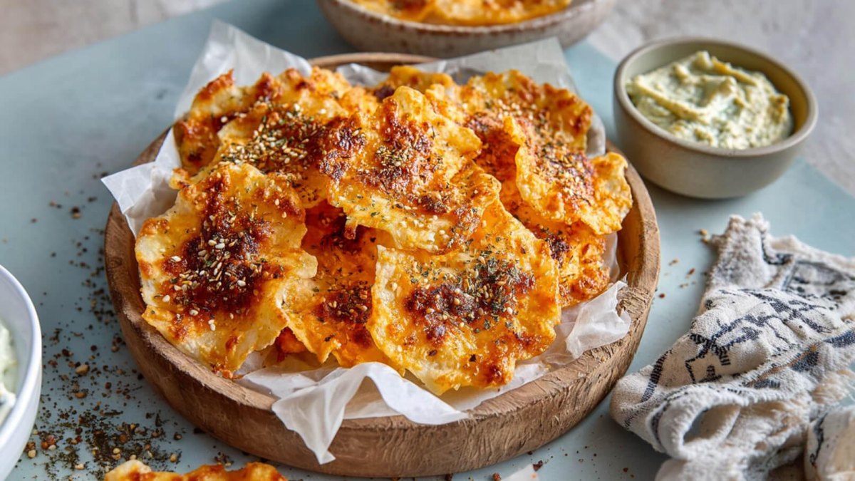 Rustikale Cottage Cheese Chips mit Kräutern und knusprig gebackenen Kanten