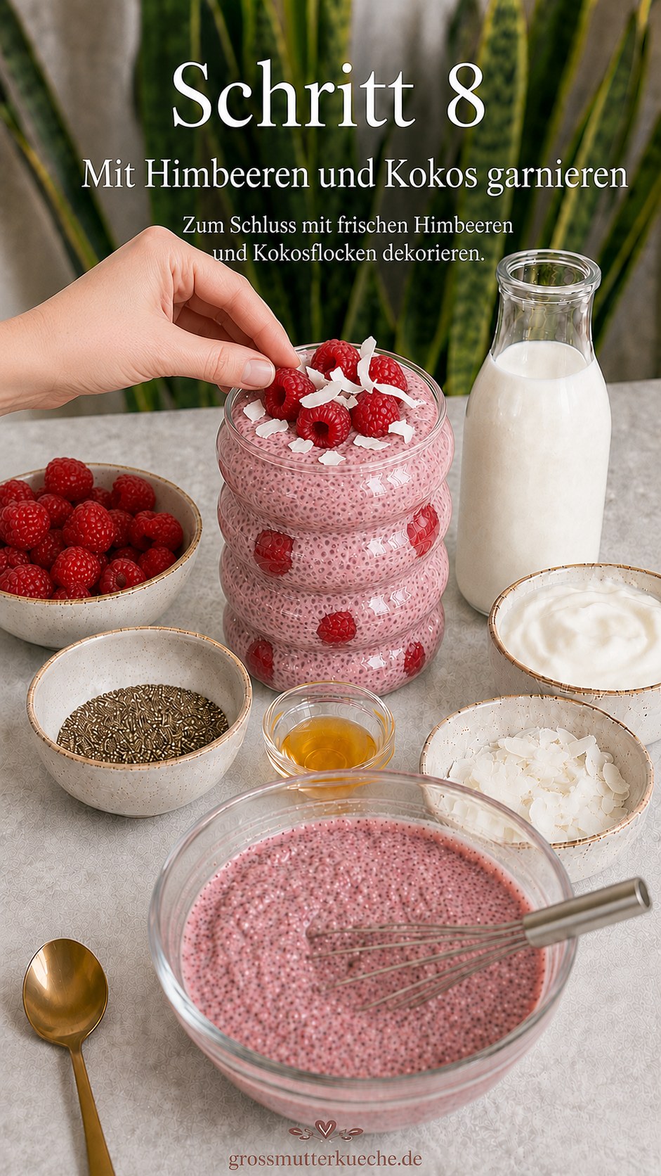 Fertiger Chia Pudding wird mit frischen Himbeeren und weißen Kokosflocken garniert