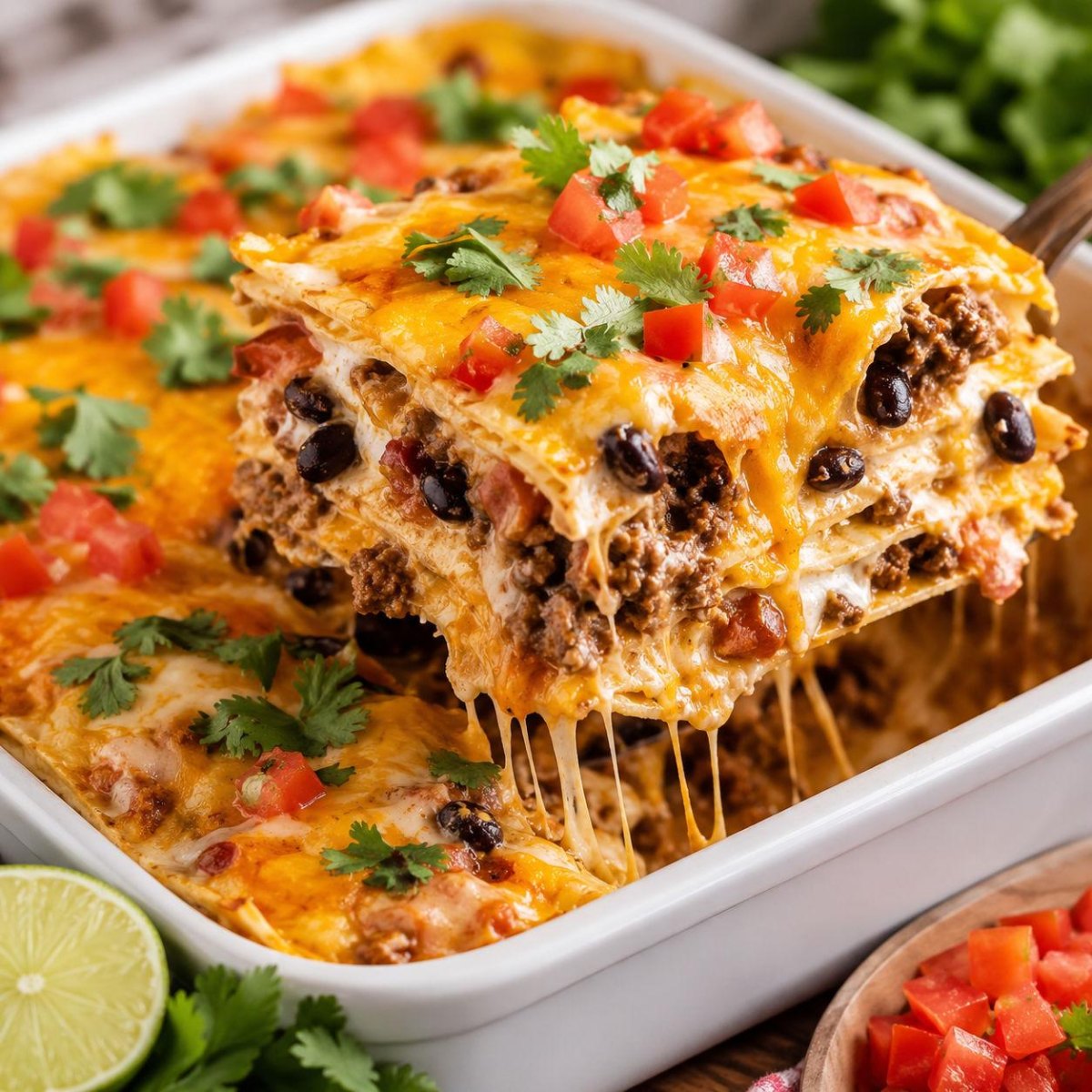 Burrito Bake mit goldener Käsekruste