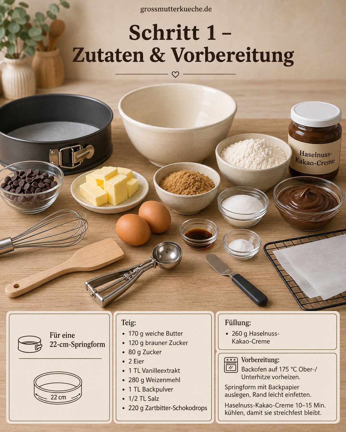 Zutaten für den Nutella Cookie Kuchen mit Schokoladenkern übersichtlich auf dem Tisch angerichtet