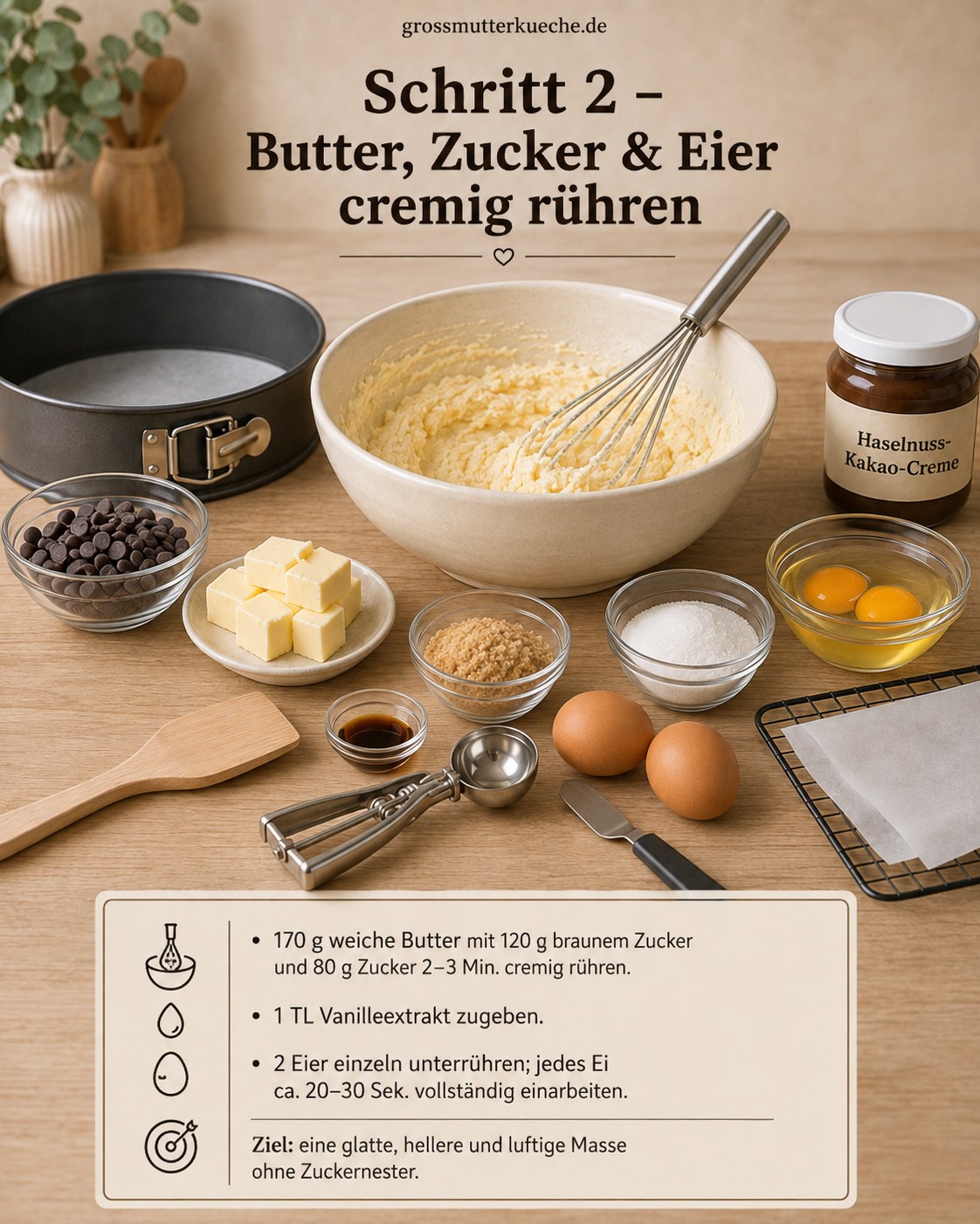 Butter, Zucker und Eier werden für den Cookie-Teig cremig hell aufgeschlagen, bevor Mehl dazukommt