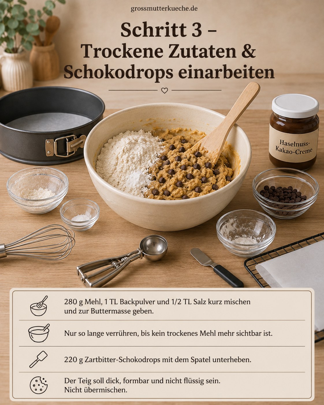 Trockene Zutaten und Zartbitter-Schokodrops werden vorsichtig unter den dicken Cookie-Teig gehoben