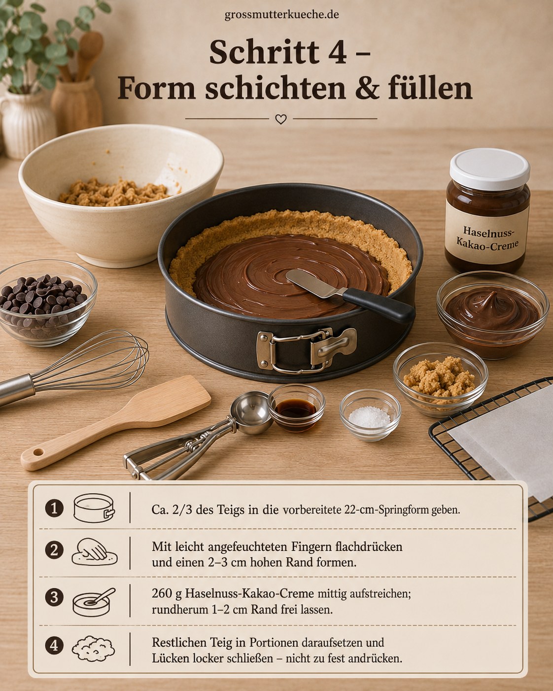 Cookie-Teig wird in der Springform verteilt und mit Haselnuss-Kakao-Creme für den Schokoladenkern gefüllt
