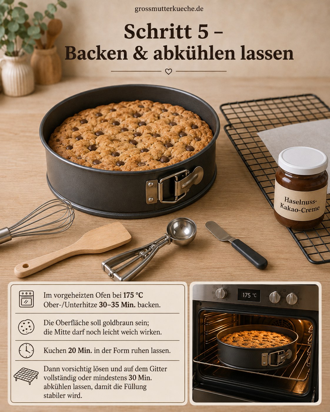 Der Nutella Cookie Kuchen mit Schokoladenkern backt goldbraun bei 175 Grad im vorgeheizten Ofen
