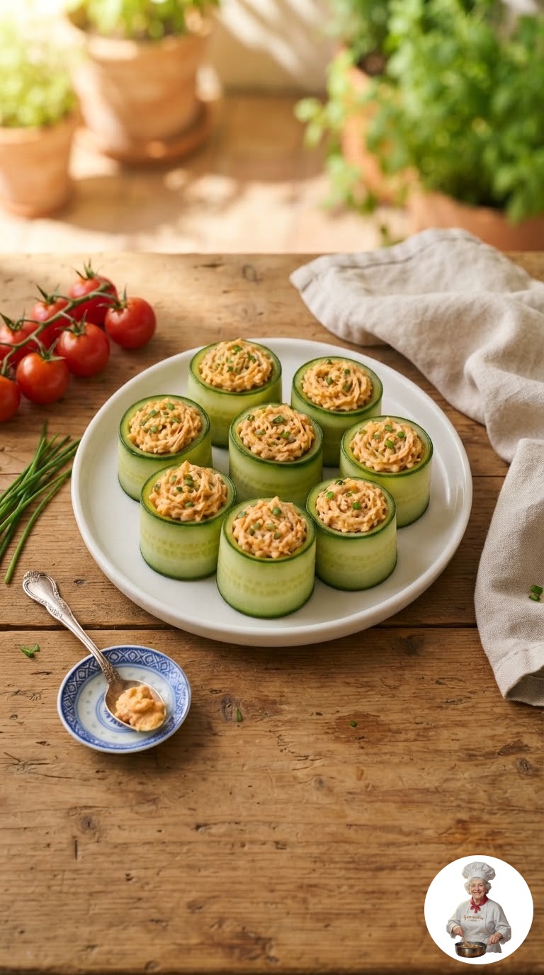Sommerliche Buffalo Chicken Gurkenröllchen