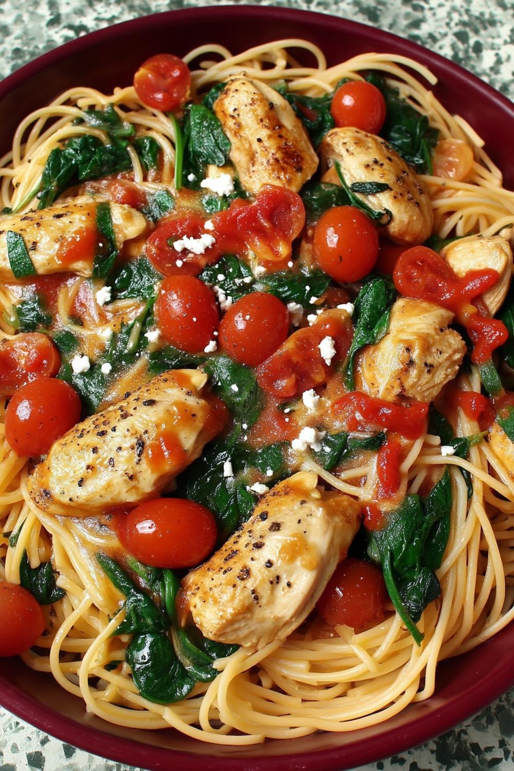 Spaghetti mit Hähnchen-Feta