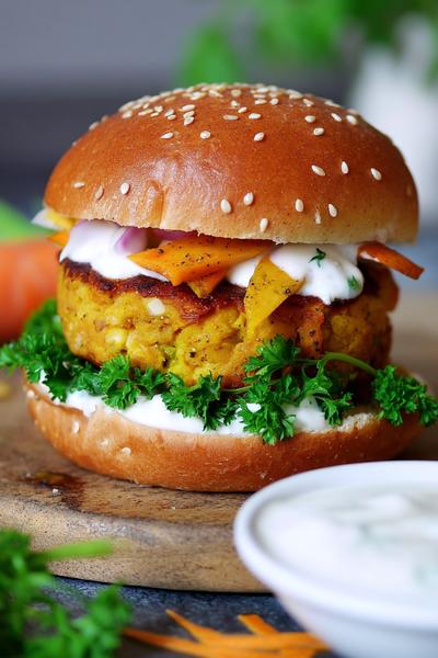 25. Kartoffel-Karotten-Burger mit Joghurt-Minz-Sauce for rezepte mit karotten und kartoffeln ideas