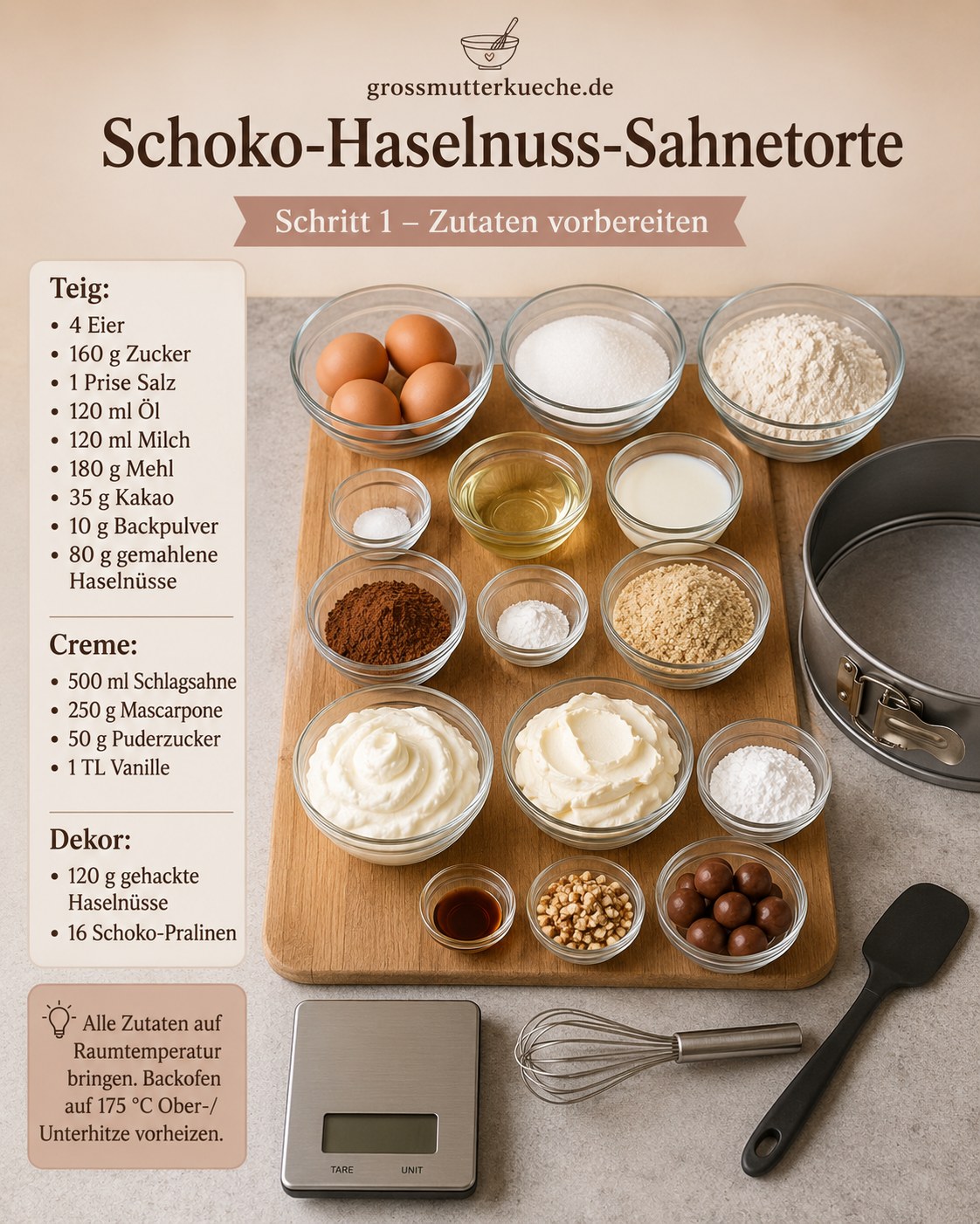 Zutaten für Schokobon Torte mit Nussrand ordentlich abgewogen auf Holzbrett vor dem Backen