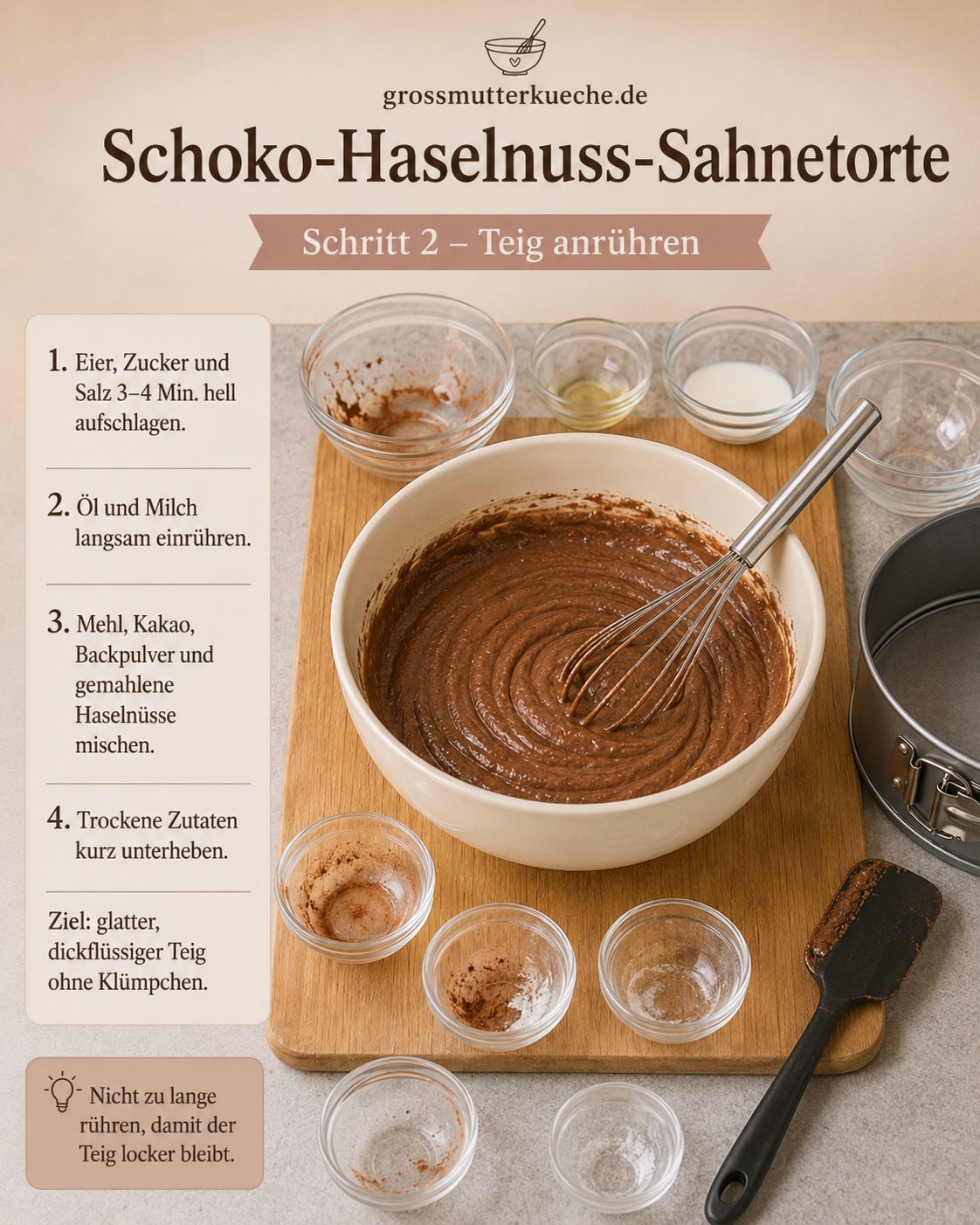 Glänzender Schokoladenteig für die Schokobon Torte mit Nussrand wird im Rührschüssel glattgerührt