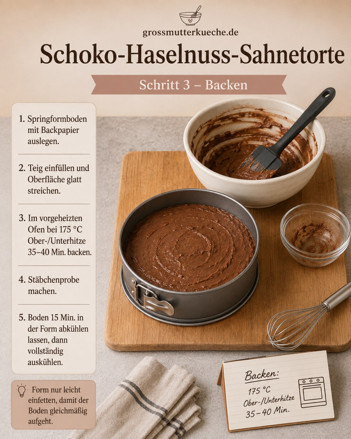 Frisch gebackener Schokoladenboden für die Schokobon Torte mit Nussrand kühlt in der Springform aus