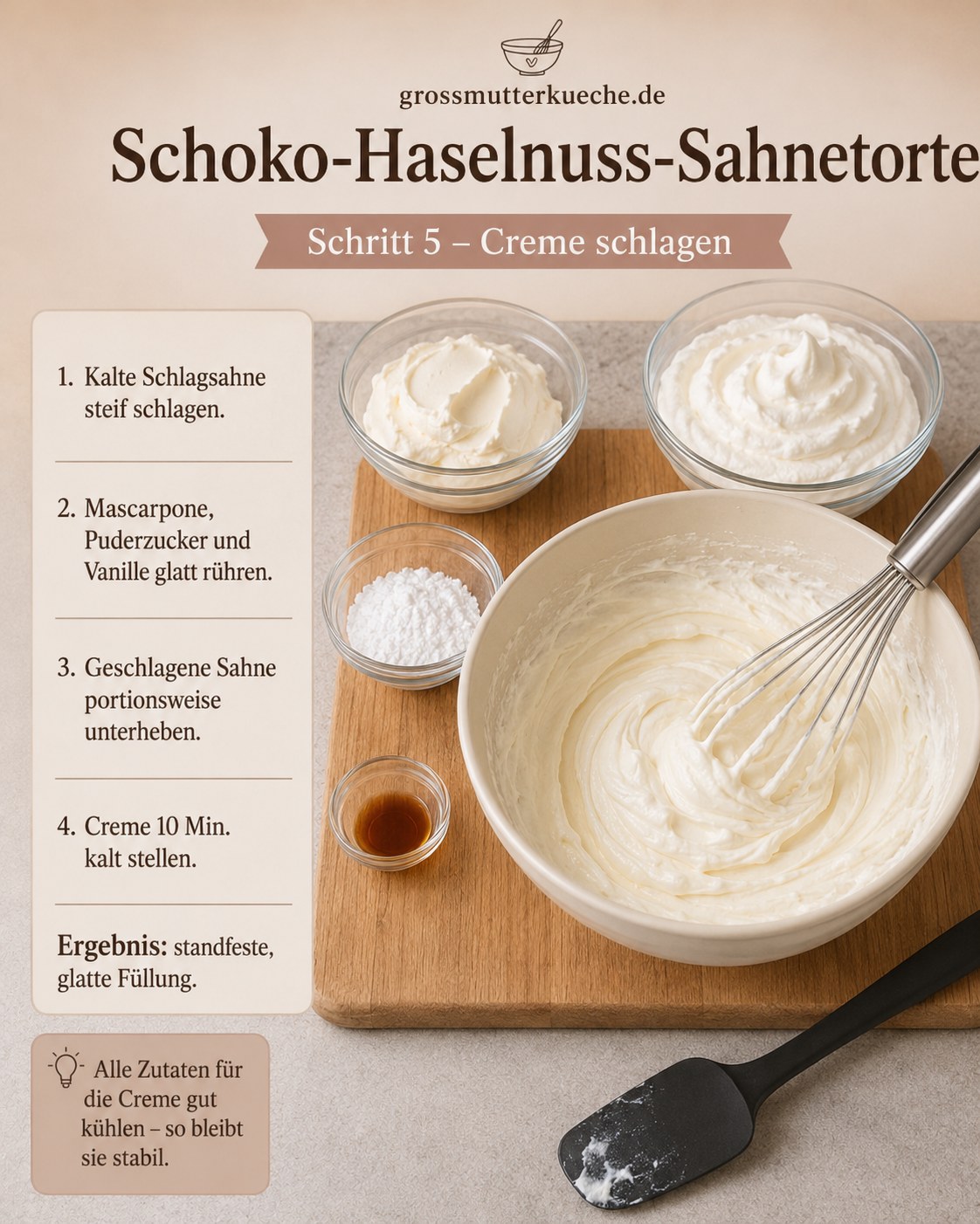 Standfeste Mascarpone-Sahne-Creme für die Schokobon Torte mit Nussrand wird in Schüssel fertig gerührt