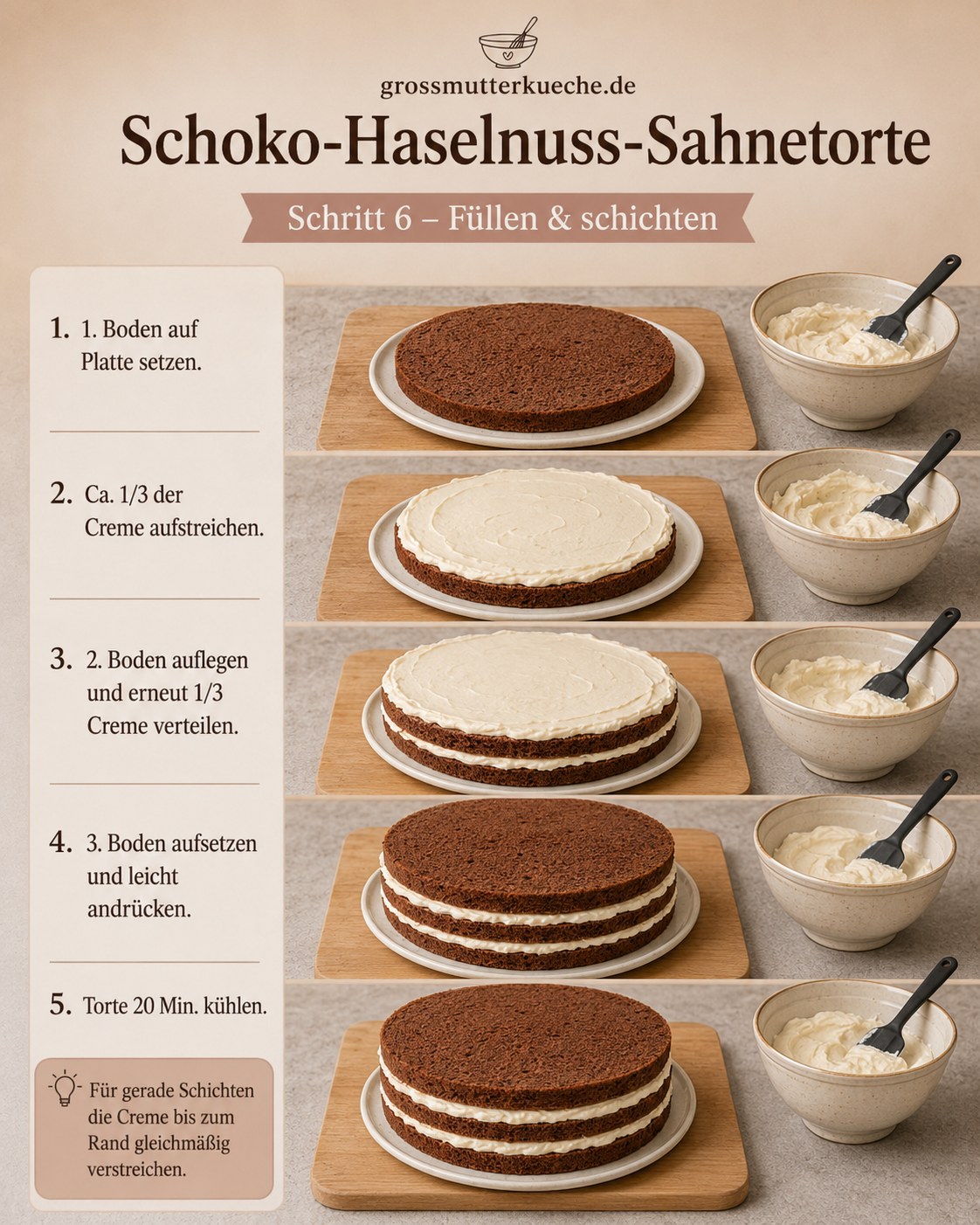 Schokobon Torte mit Nussrand wird Schicht für Schicht mit Creme und Böden aufgebaut