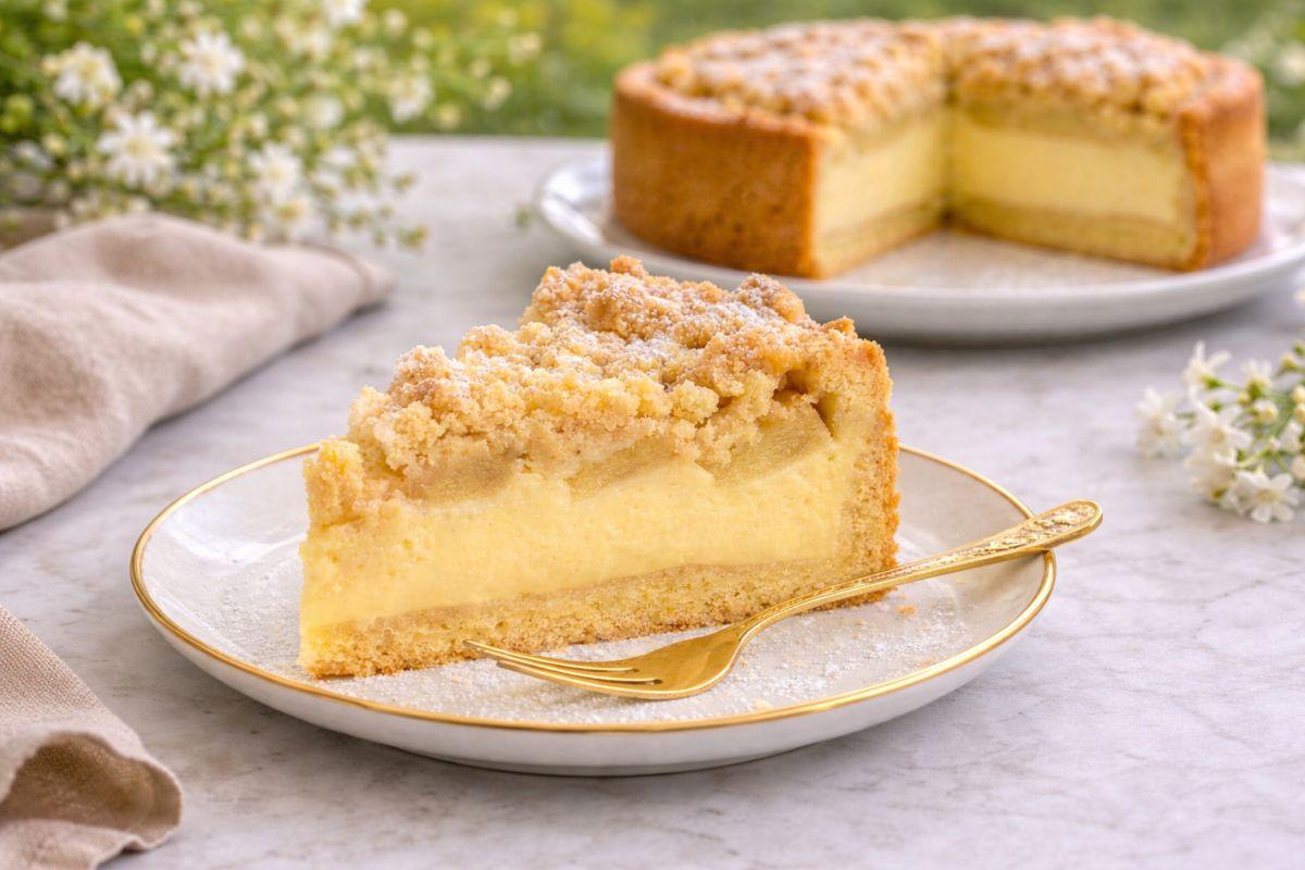 Stück Apfelkuchen mit Vanillepudding servieren