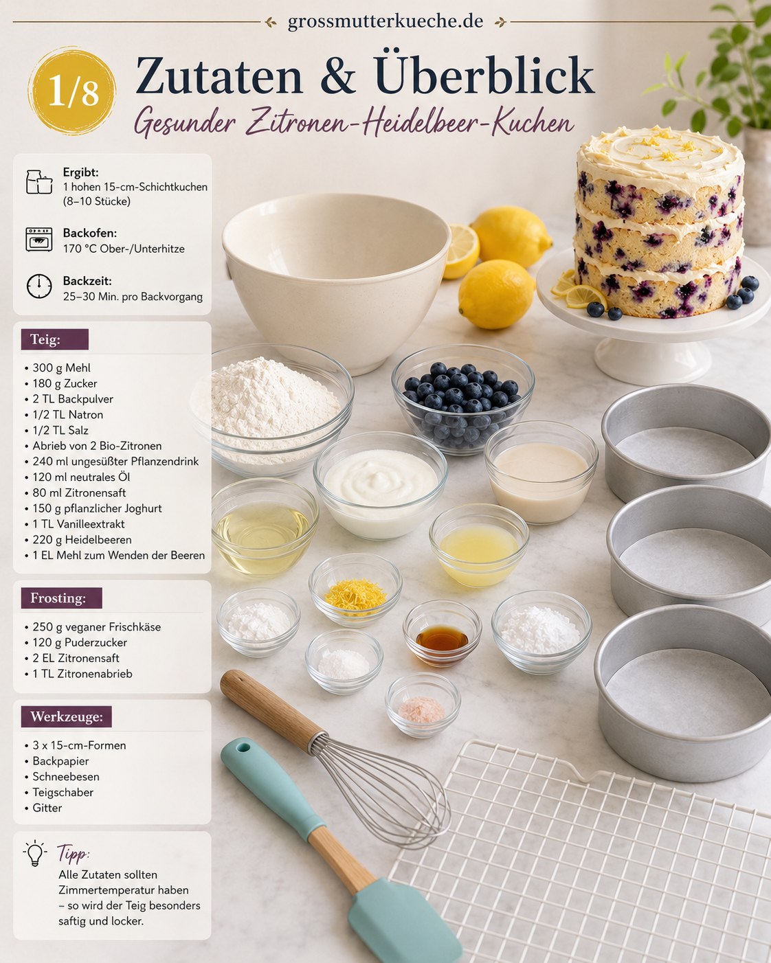 Zutaten für vegane Lemon Blueberry Torte übersichtlich auf der Arbeitsplatte angeordnet