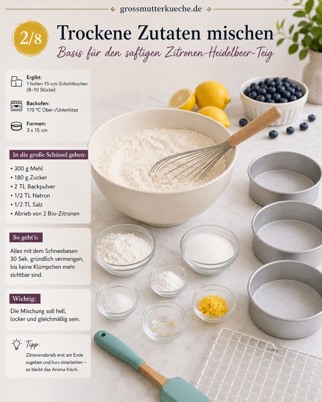 Trockene Zutaten für den Teig der veganen Lemon Blueberry Torte werden verquirlt