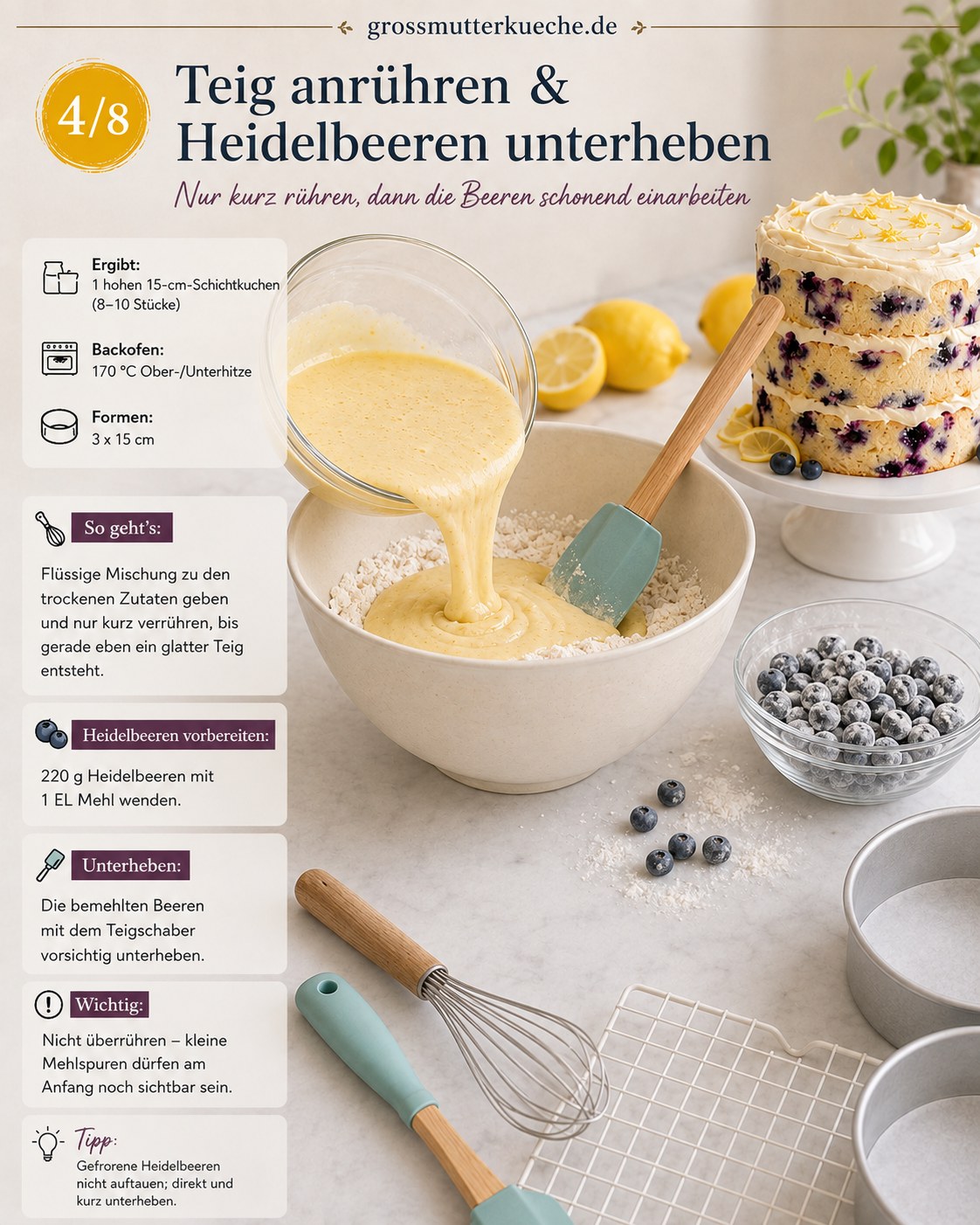 Heidelbeeren werden vorsichtig unter den Teig der veganen Lemon Blueberry Torte gehoben