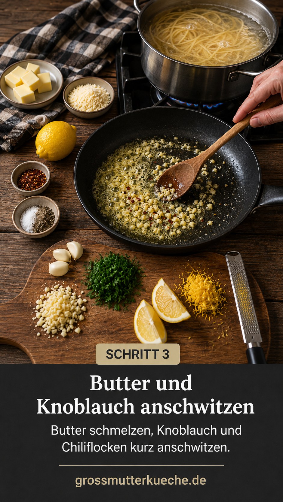 Butter und Knoblauch anschwitzen in gusseiserner Pfanne für Zitronen Butter Knoblauch Pasta