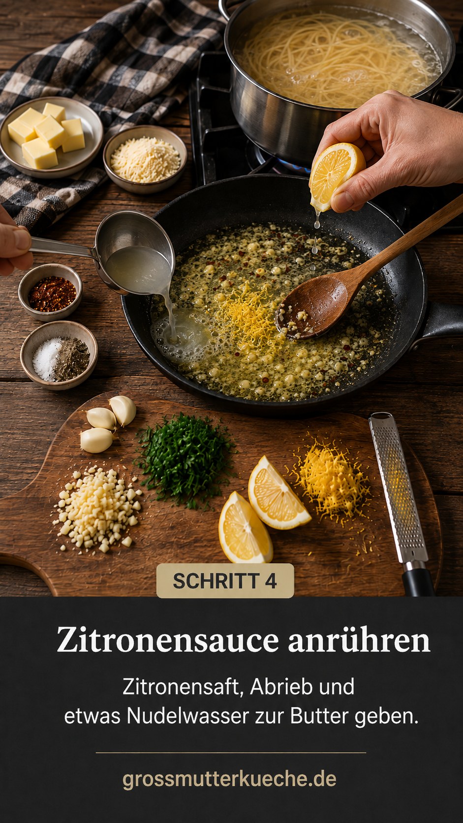 Zitronensauce anrühren mit Zitronensaft und Nudelwasser in der Pfanne
