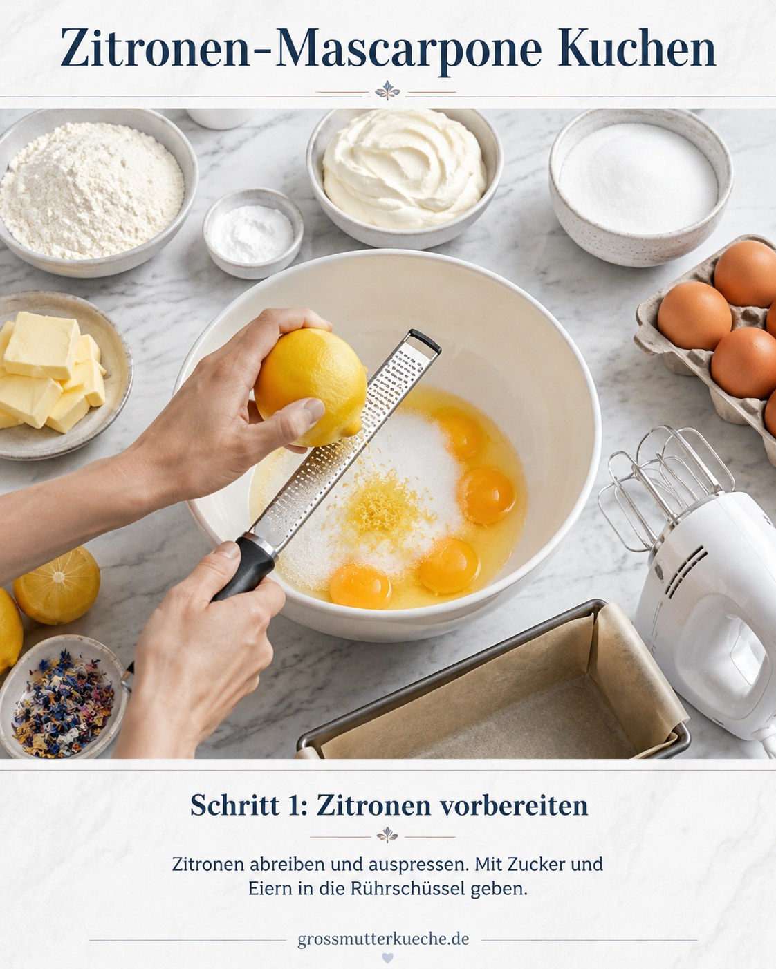 Zitronen werden für den Zitronen-Mascarpone Kuchen abgerieben und mit Eiern verrührt