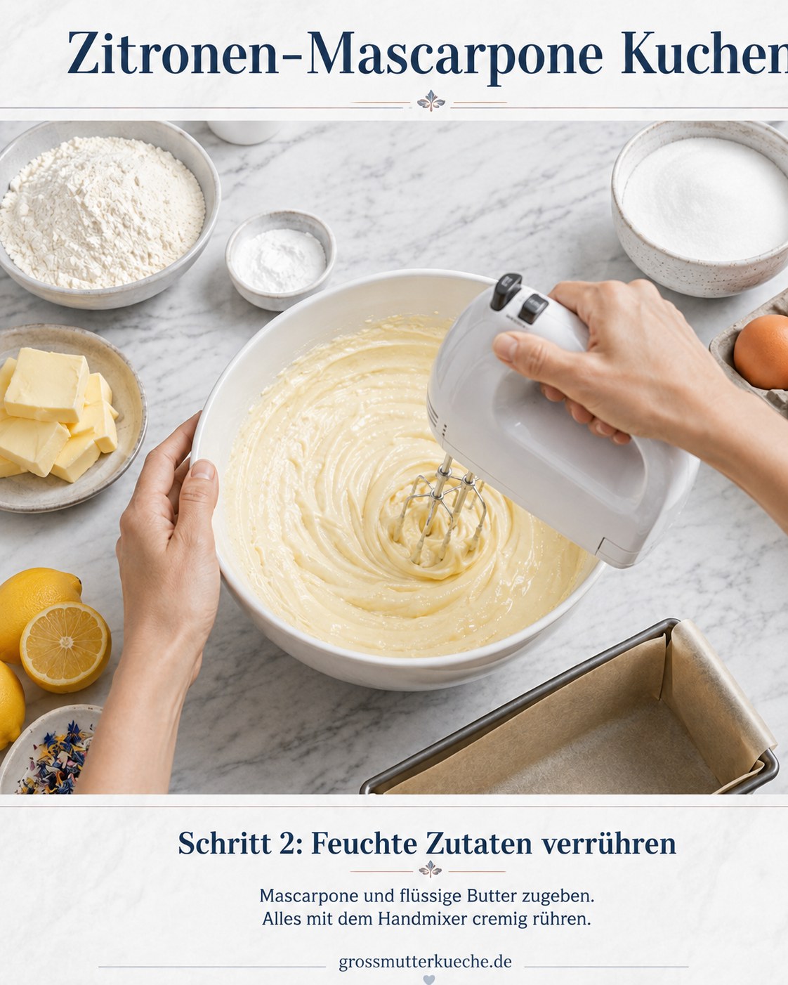 Mascarpone und flüssige Butter werden mit dem Handmixer für den Zitronen-Mascarpone Kuchen cremig gerührt