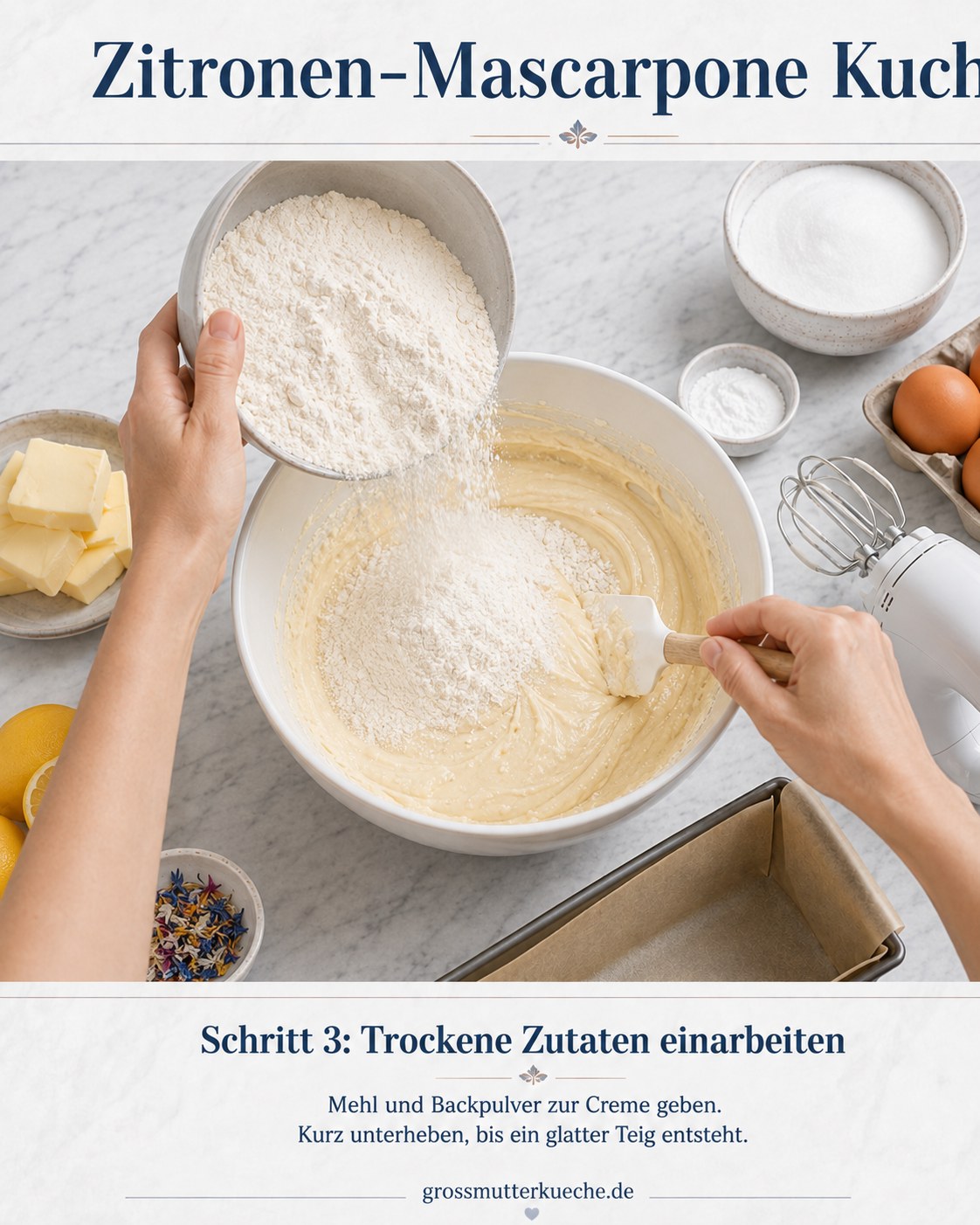 Mehl wird zur Mascarpone-Creme gegeben, um den Teig für den Zitronen-Mascarpone Kuchen fertigzustellen