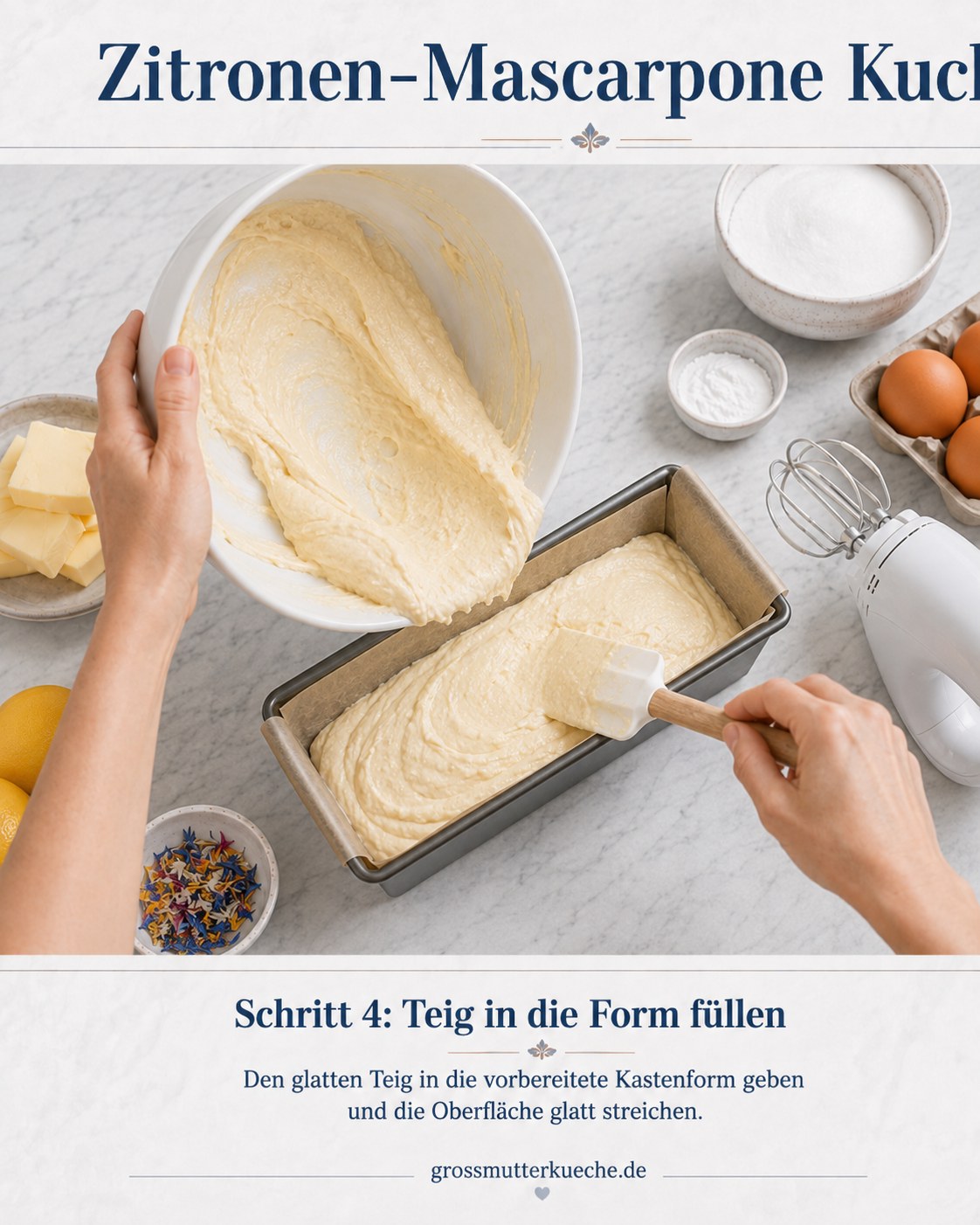 Der glatte Teig des Zitronen-Mascarpone Kuchens wird in die Kastenform gefüllt und glattgestrichen