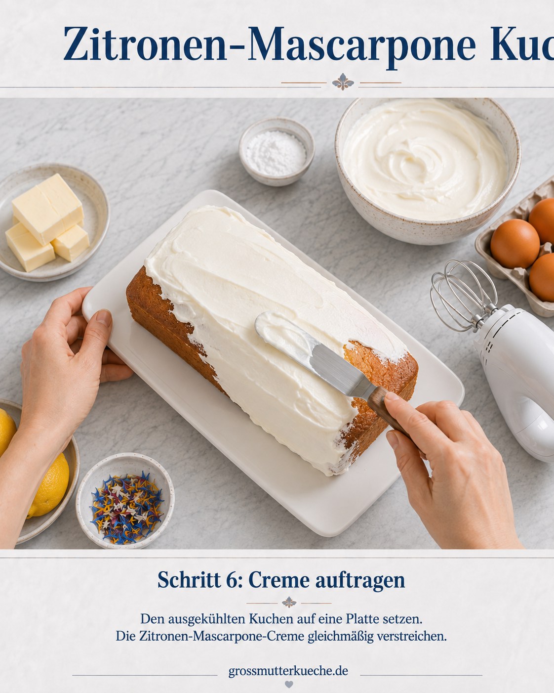 Zitronen-Mascarpone-Creme wird gleichmäßig auf dem ausgekühlten Kuchen verstrichen