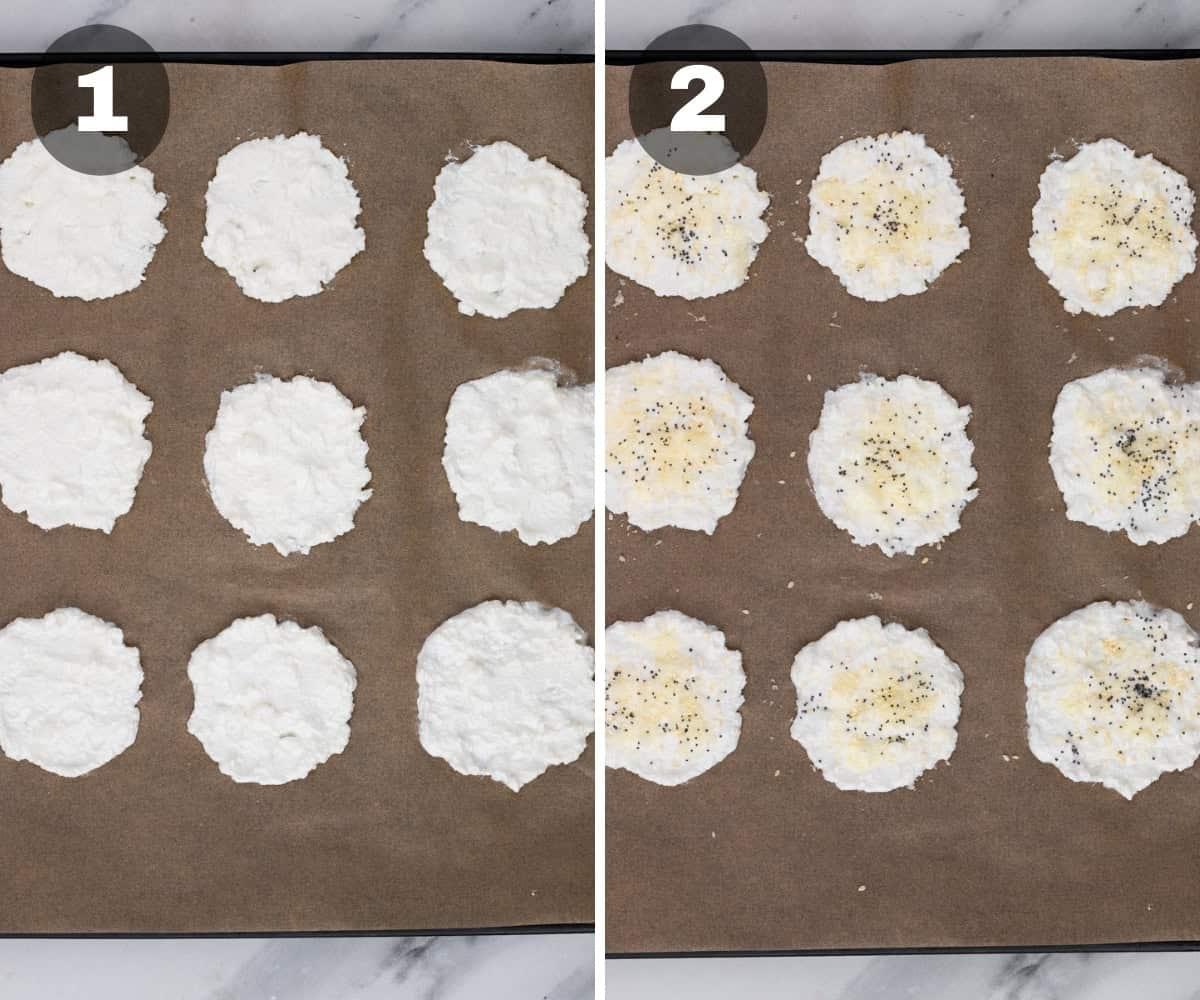 Vorbereitete Cottage Cheese Chips Portionen mit Gewürzen vor dem Backen