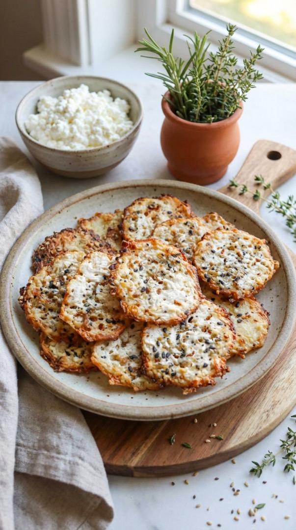Goldbraune Cottage Cheese Chips mit würziger Kruste und cremiger Snack-Anmutung